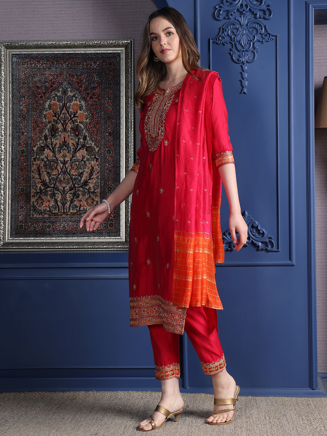 Embroidered Kurta With Pant & Two Toned Embroidered Dupatta, Pink - Hiral Fashion - Dista