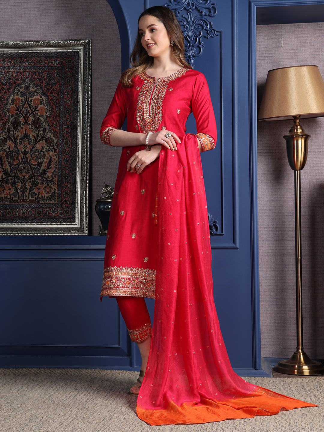 Embroidered Kurta With Pant & Two Toned Embroidered Dupatta, Pink - Hiral Fashion - Dista