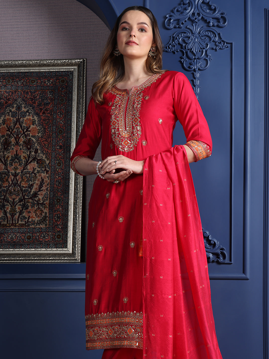 Embroidered Kurta With Pant & Two Toned Embroidered Dupatta, Pink - Hiral Fashion - Dista