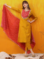 Thumbnail for Sequined Embroidered & Applique Patch Kurta With Pant & Printed Dupatta, Mustard - Hiral Fashion - Distacart
