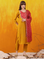 Thumbnail for Sequined Embroidered & Applique Patch Kurta With Pant & Printed Dupatta, Mustard - Hiral Fashion - Distacart