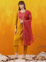 Thumbnail for Sequined Embroidered & Applique Patch Kurta With Pant & Printed Dupatta, Mustard - Hiral Fashion - Distacart