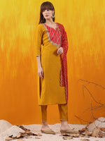 Thumbnail for Sequined Embroidered & Applique Patch Kurta With Pant & Printed Dupatta, Mustard - Hiral Fashion - Distacart