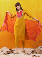 Thumbnail for Sequined Embroidered & Applique Patch Kurta With Pant & Printed Dupatta, Mustard - Hiral Fashion - Distacart