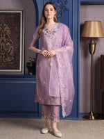 Thumbnail for Embroidered Kurta With Pant & Organza Embroidered Dupatta, Lavender - Hiral Fashion - Distacart