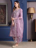 Thumbnail for Embroidered Kurta With Pant & Organza Embroidered Dupatta, Lavender - Hiral Fashion - Distacart