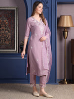 Thumbnail for Embroidered Kurta With Pant & Organza Embroidered Dupatta, Lavender - Hiral Fashion - Distacart
