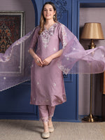 Thumbnail for Embroidered Kurta With Pant & Organza Embroidered Dupatta, Lavender - Hiral Fashion - Distacart