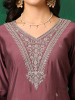 Thumbnail for Sequined Embroidered Kurta With Pant & Printed Dupatta, Mauve - Hiral Fashion - Distacart