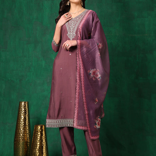 Sequined Embroidered Kurta With Pant & Printed Dupatta, Mauve - Hiral Fashion - Distacart