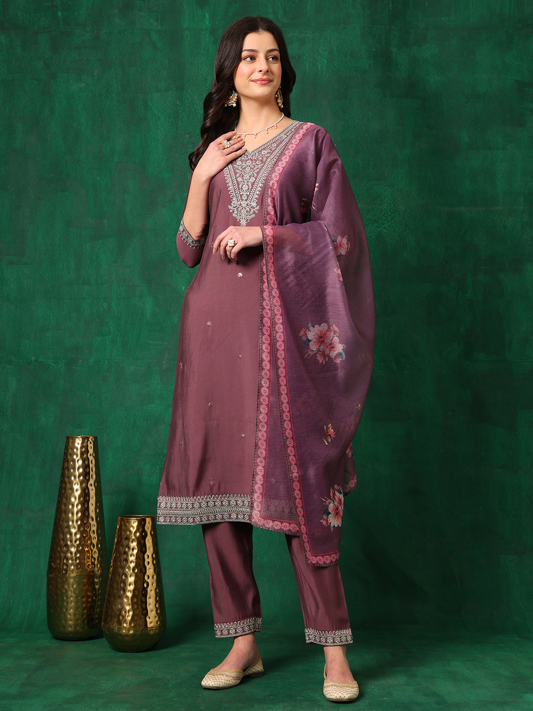 Sequined Embroidered Kurta With Pant & Printed Dupatta, Mauve - Hiral Fashion - Distacart