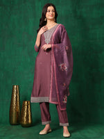 Thumbnail for Sequined Embroidered Kurta With Pant & Printed Dupatta, Mauve - Hiral Fashion - Distacart