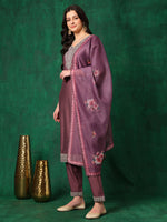 Thumbnail for Sequined Embroidered Kurta With Pant & Printed Dupatta, Mauve - Hiral Fashion - Distacart