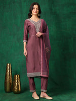 Thumbnail for Sequined Embroidered Kurta With Pant & Printed Dupatta, Mauve - Hiral Fashion - Distacart