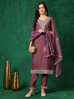 Thumbnail for Sequined Embroidered Kurta With Pant & Printed Dupatta, Mauve - Hiral Fashion - Distacart