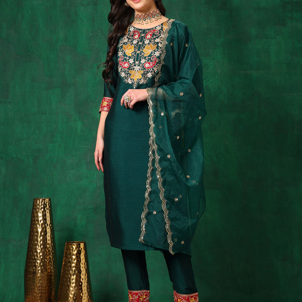 Embroidered Kurta With Pant & Embroidered Dupatta, Bottle-Green - Hiral Fashion - Distacart