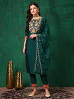 Thumbnail for Embroidered Kurta With Pant & Embroidered Dupatta, Bottle-Green - Hiral Fashion - Distacart