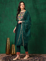 Thumbnail for Embroidered Kurta With Pant & Embroidered Dupatta, Bottle-Green - Hiral Fashion - Distacart