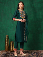 Thumbnail for Embroidered Kurta With Pant & Embroidered Dupatta, Bottle-Green - Hiral Fashion - Distacart
