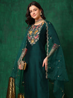 Thumbnail for Embroidered Kurta With Pant & Embroidered Dupatta, Bottle-Green - Hiral Fashion - Distacart