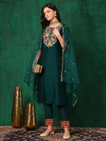 Thumbnail for Embroidered Kurta With Pant & Embroidered Dupatta, Bottle-Green - Hiral Fashion - Distacart