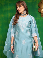 Thumbnail for Embroidered Kurta With Pant & Dupatta, Aqua-Blue - Hiral Fashion - Distacart