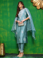 Thumbnail for Embroidered Kurta With Pant & Dupatta, Aqua-Blue - Hiral Fashion - Distacart