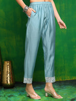 Thumbnail for Embroidered Kurta With Pant & Dupatta, Aqua-Blue - Hiral Fashion - Distacart