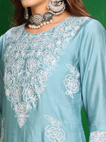 Thumbnail for Embroidered Kurta With Pant & Dupatta, Aqua-Blue - Hiral Fashion - Distacart
