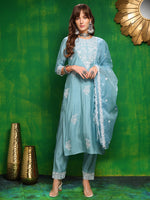 Thumbnail for Embroidered Kurta With Pant & Dupatta, Aqua-Blue - Hiral Fashion - Distacart