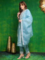 Thumbnail for Embroidered Kurta With Pant & Dupatta, Aqua-Blue - Hiral Fashion - Distacart
