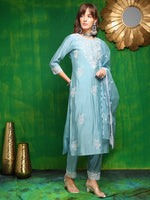 Thumbnail for Embroidered Kurta With Pant & Dupatta, Aqua-Blue - Hiral Fashion - Distacart