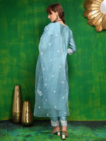 Thumbnail for Embroidered Kurta With Pant & Dupatta, Aqua-Blue - Hiral Fashion - Distacart