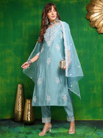 Thumbnail for Embroidered Kurta With Pant & Dupatta, Aqua-Blue - Hiral Fashion - Distacart