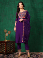 Thumbnail for Embroidered Kurta With Pant & Embroidered Dupatta, Purple - Hiral Fashion - Distacart