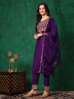 Thumbnail for Embroidered Kurta With Pant & Embroidered Dupatta, Purple - Hiral Fashion - Distacart