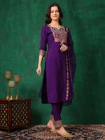Thumbnail for Embroidered Kurta With Pant & Embroidered Dupatta, Purple - Hiral Fashion - Distacart