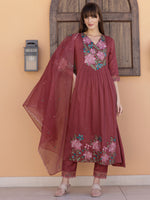 Thumbnail for Aline Embroidered Kurta With Pant & Embroidered Dupatta, Rust - Hiral Fashion - Distacart