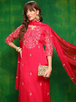 Thumbnail for Hand Embroidered Kurta With Pant & Embroidered Dupatta, Pink - Hiral Fashion - Distacart