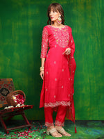 Thumbnail for Hand Embroidered Kurta With Pant & Embroidered Dupatta, Pink - Hiral Fashion - Distacart