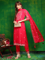 Thumbnail for Hand Embroidered Kurta With Pant & Embroidered Dupatta, Pink - Hiral Fashion - Distacart