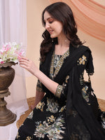 Thumbnail for Floral Printed A-Line Kurta With Pant & Dupatta, Black - Hiral Fashion - Distacart