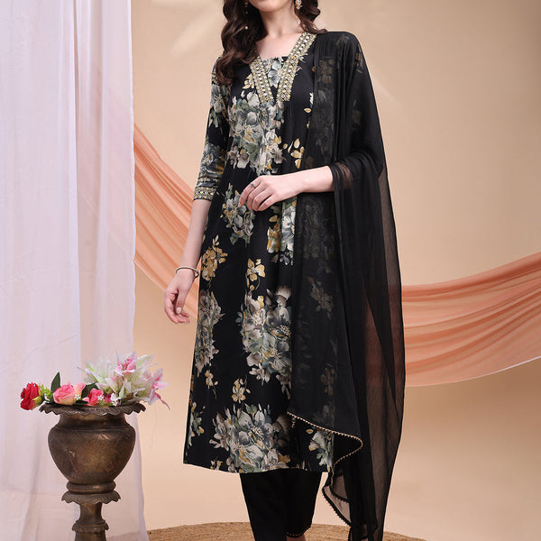 Floral Printed A-Line Kurta With Pant & Dupatta, Black - Hiral Fashion - Distacart