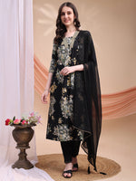 Thumbnail for Floral Printed A-Line Kurta With Pant & Dupatta, Black - Hiral Fashion - Distacart