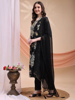 Thumbnail for Floral Printed A-Line Kurta With Pant & Dupatta, Black - Hiral Fashion - Distacart