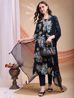 Thumbnail for Floral Printed A-Line Kurta With Pant & Dupatta, Navy Blue - Hiral Fashion - Distacart