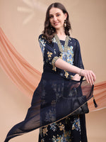 Thumbnail for Floral Printed A-Line Kurta With Pant & Dupatta, Navy Blue - Hiral Fashion - Distacart