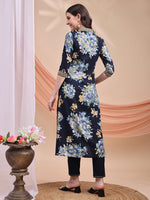 Thumbnail for Floral Printed A-Line Kurta With Pant & Dupatta, Navy Blue - Hiral Fashion - Distacart