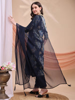 Thumbnail for Floral Printed A-Line Kurta With Pant & Dupatta, Navy Blue - Hiral Fashion - Distacart