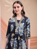 Thumbnail for Floral Printed A-Line Kurta With Pant & Dupatta, Navy Blue - Hiral Fashion - Distacart